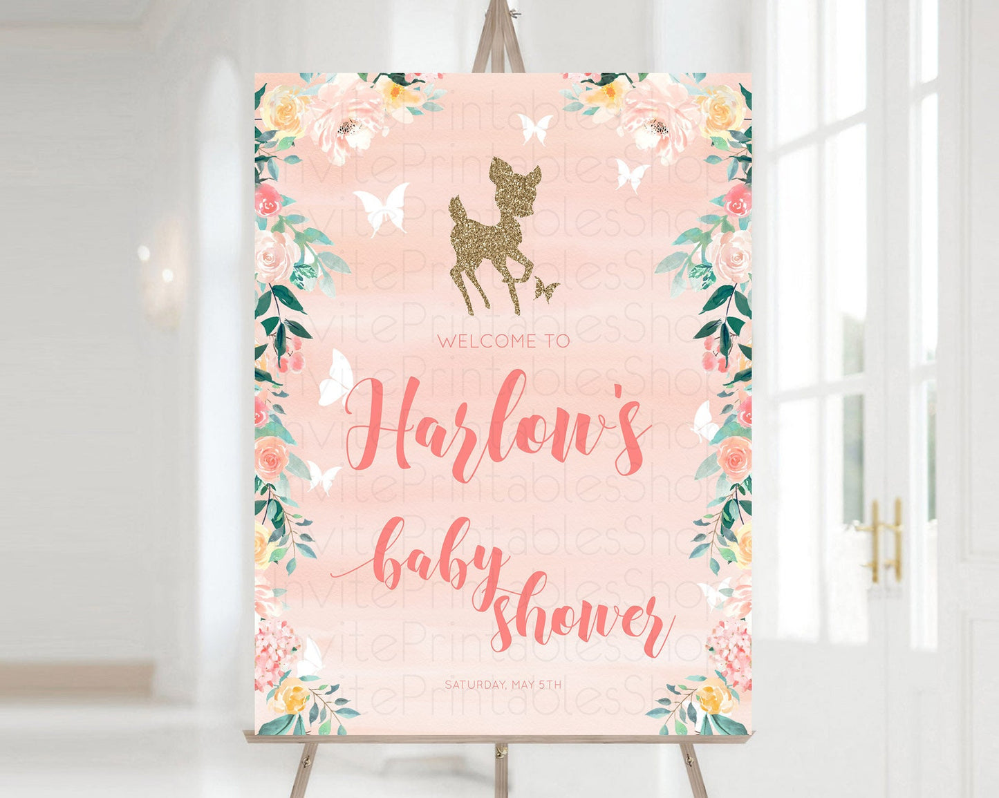 Fawn Baby Shower Welcome Sign Deer Welcome Board Floral Deer Welcome Poster Enchanted Forest Butterfly Pastel Floral Welcome Sign D10873