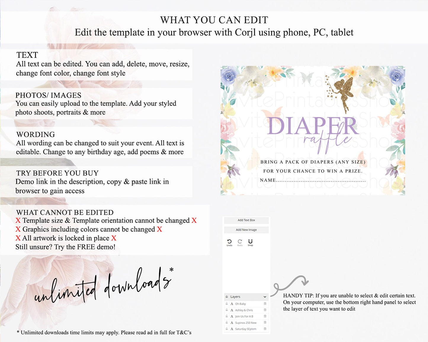 Fairy Diaper Raffle Card Fairy Diaper Insert Enchanted Garden Fairy Diaper Ticket Pastel Floral Butterfly Secret Garden Raffle Game D10761