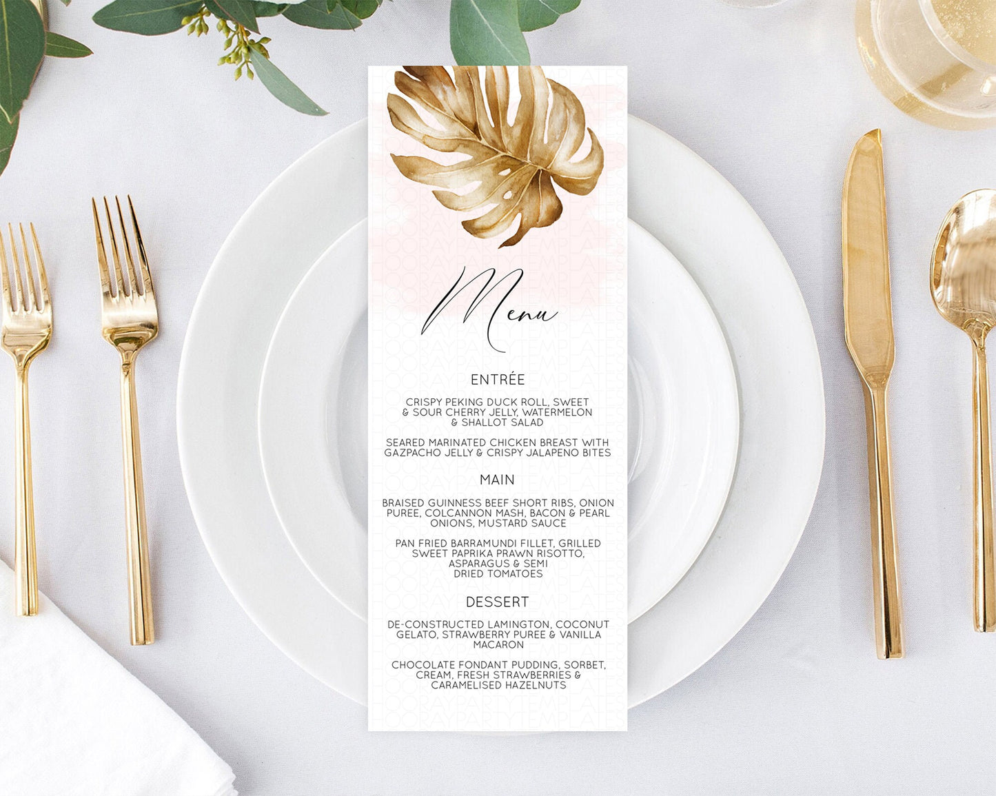 Tropical Menu Template Tropical Menu Palm Leaf Fern Table Decor Frangipani Floral White Orchid Dinner Dessert Menu Party Food Menu D11042