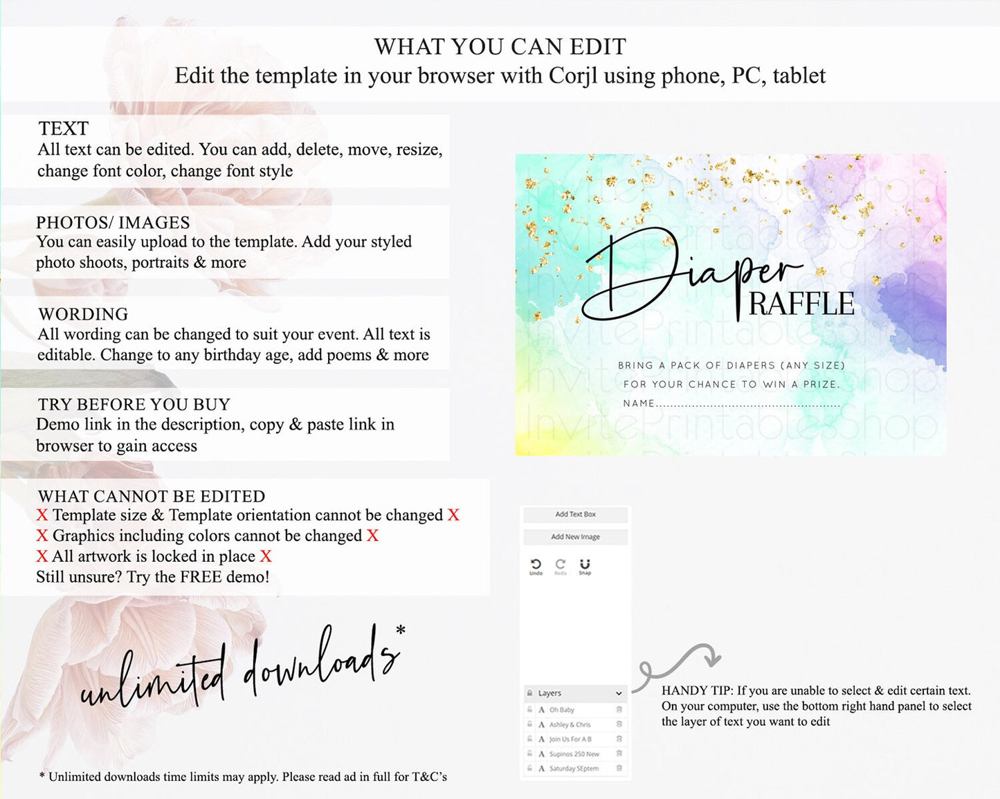 Pastel Diaper Raffle Card Pastel Rainbow Diaper Raffle Insert Colorful Ombre Watercolor Diaper Ticket Confetti Glitter Raffle Game D10158