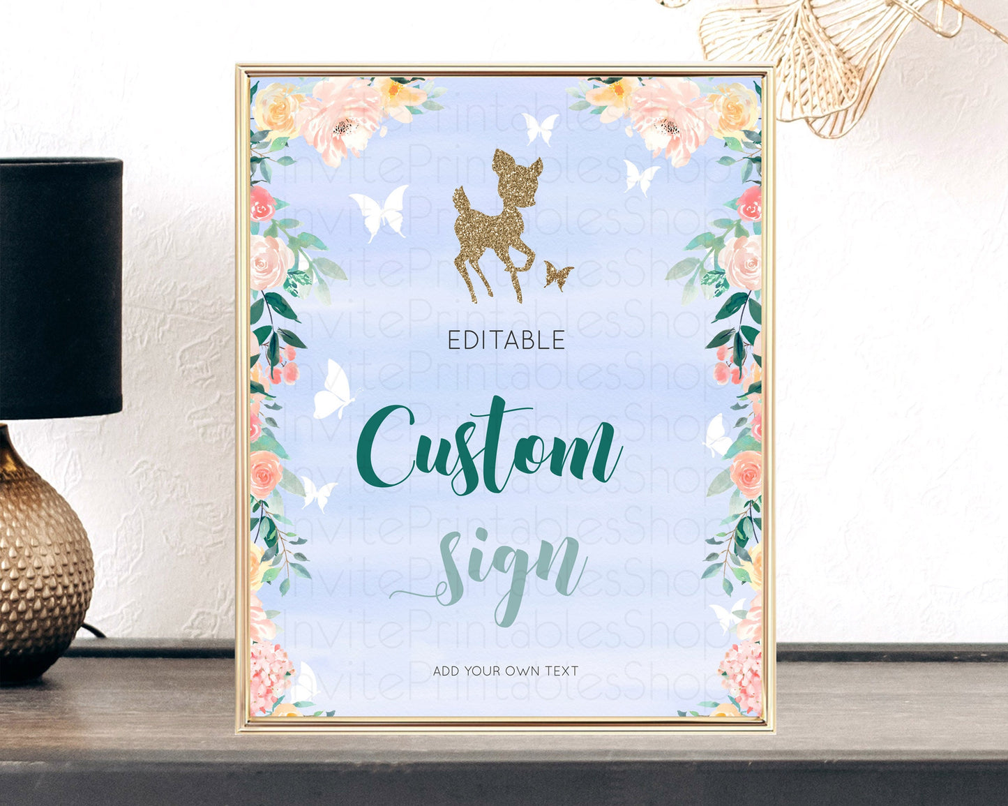 Fawn Deer Sign Pastel Floral Deer Table Sign Decor  Enchanted Forest Butterfly Party 1st Birthday Baptism Baby Shower Bridal Shower D10875