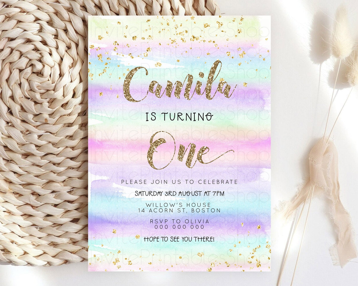 Rainbow Birthday Invitation Colorful Pastel Watercolor Invitation Gold Glitter Sprinkles Ombre Pastel 1st 2nd 3rd Birthday D23263
