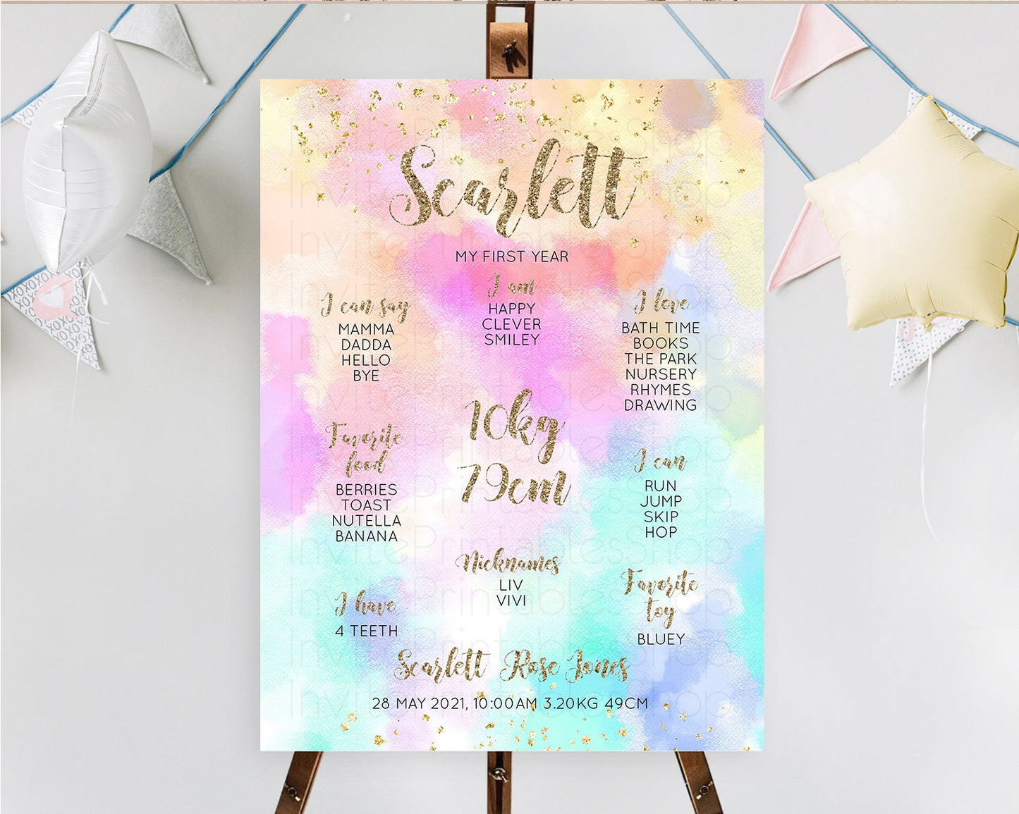 Pastel First Birthday Milestone Board Pastel Rainbow Milestone Poster Colorful Confetti Watercolor Glitter 1st Birthday Welcome Sign D10669