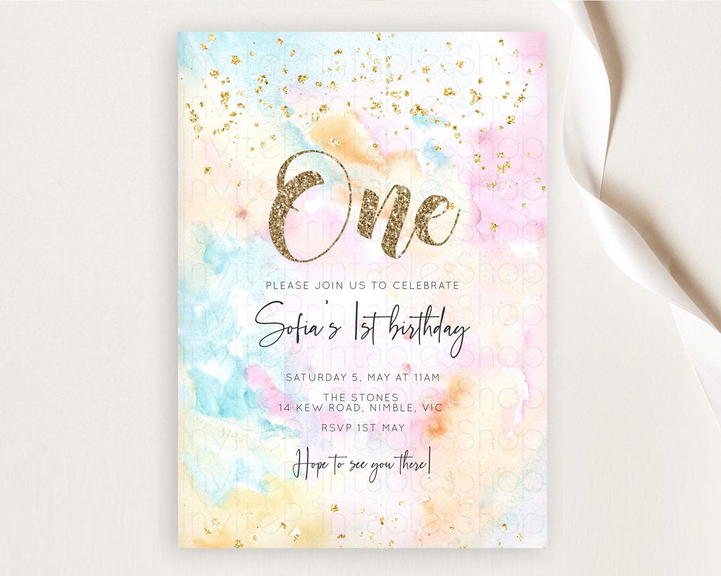 Rainbow Birthday Invitation Colorful Pastel Watercolor Invitation Gold Glitter Sprinkles Ombre Pastel 1st 2nd 3rd Birthday D10548