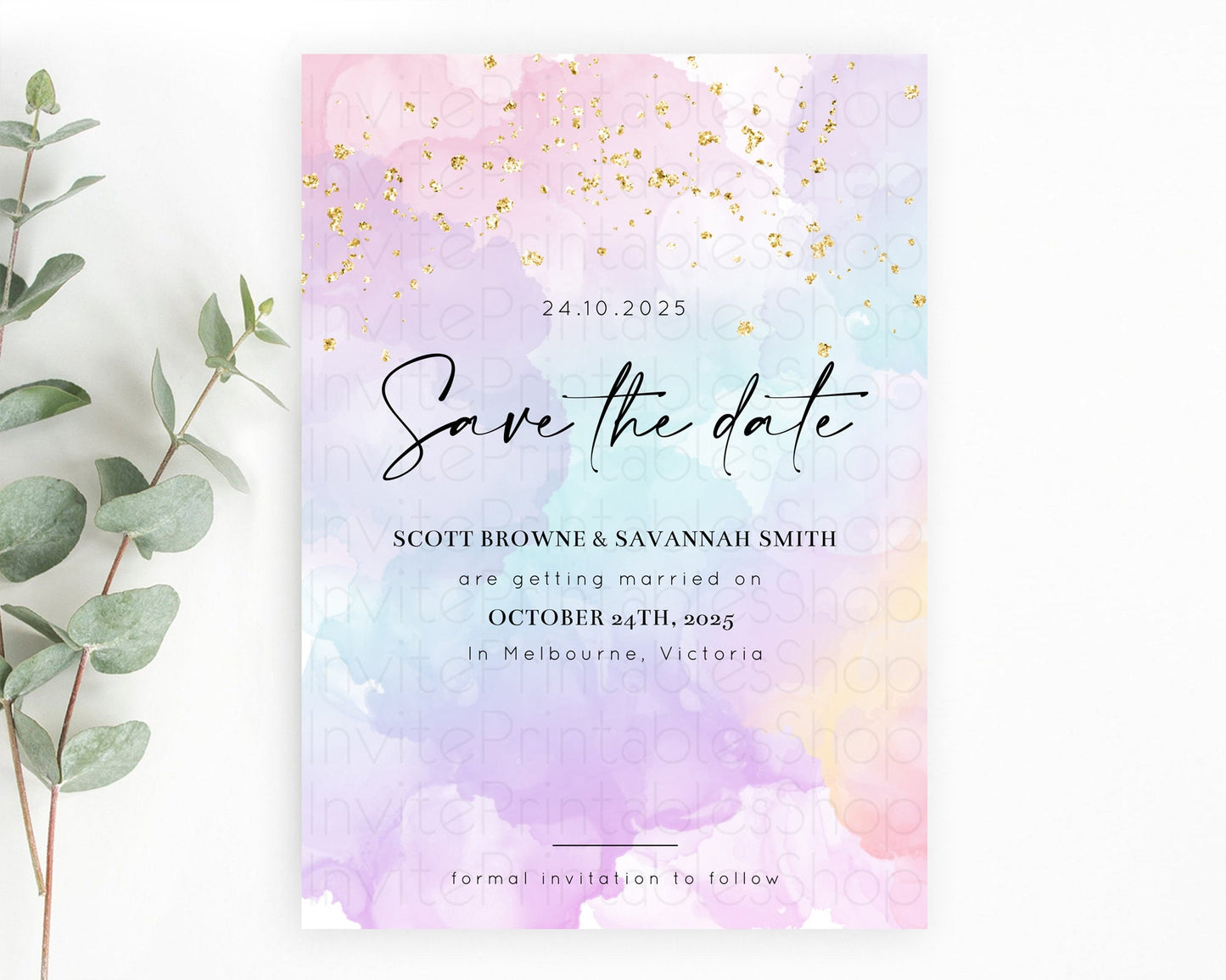 Pastel Save The Date Template Pastel Ombre Rainbow Watercolor Colorful Party For Birthday Baptism Baby Shower Wedding Bridal Shower D10623