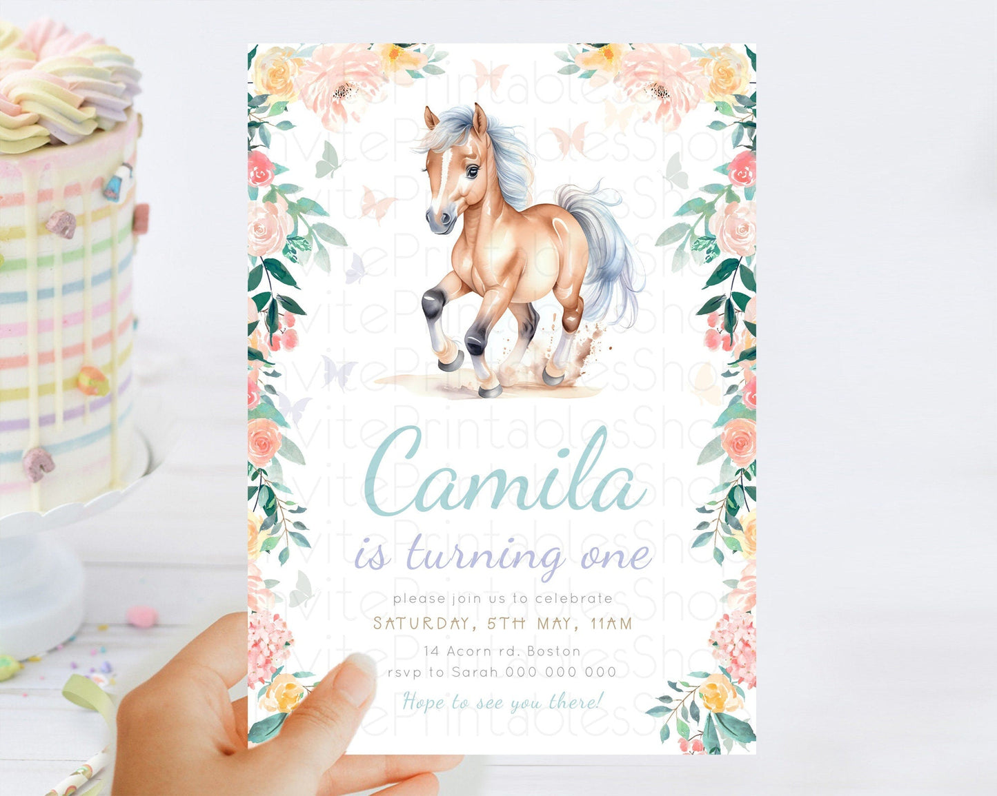 Editable Horse Birthday Invitation Girl Saddle Up Watercolor Cowgirl Party Horse Invite Pink Floral Download Printable Template d23385