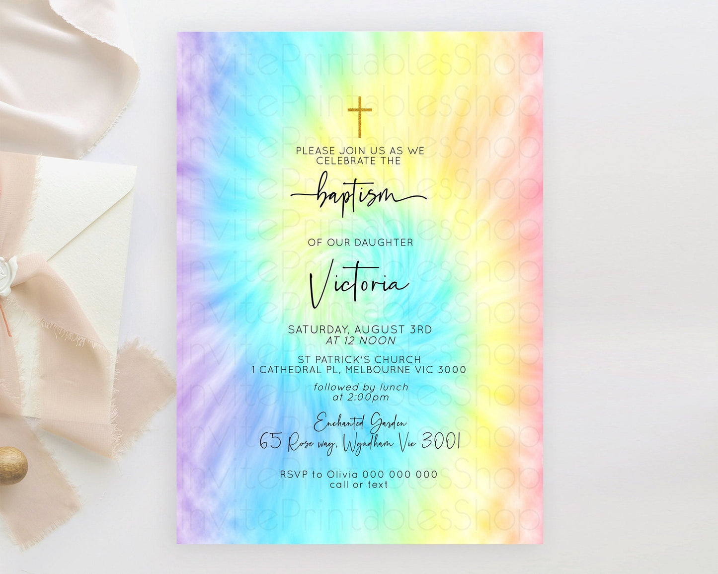 Tie Dye Baptism Invitation Rainbow Baptism 1st Birthday Invitation Pastel Ombre Colorful Christening Invitation Holy Communion D10578