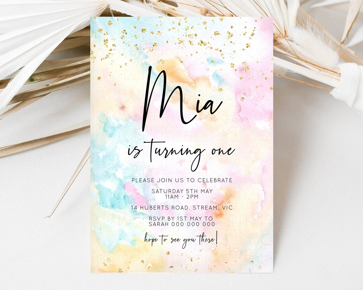 Rainbow Birthday Invitation Glitter Pastel Invitation Colorful Watercolor Gold Foil Splatter Sprinkles Ombre 1st 2nd 3rd Party Invite TC566