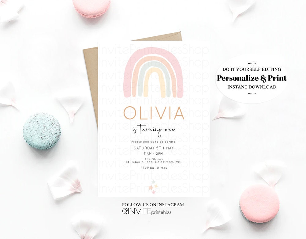 Rainbow Birthday Invitation Pastel Colorful Twinkle Stars Heart Watercolor Pink Blue Green Yellow Simple Modern Printable Template Invite
