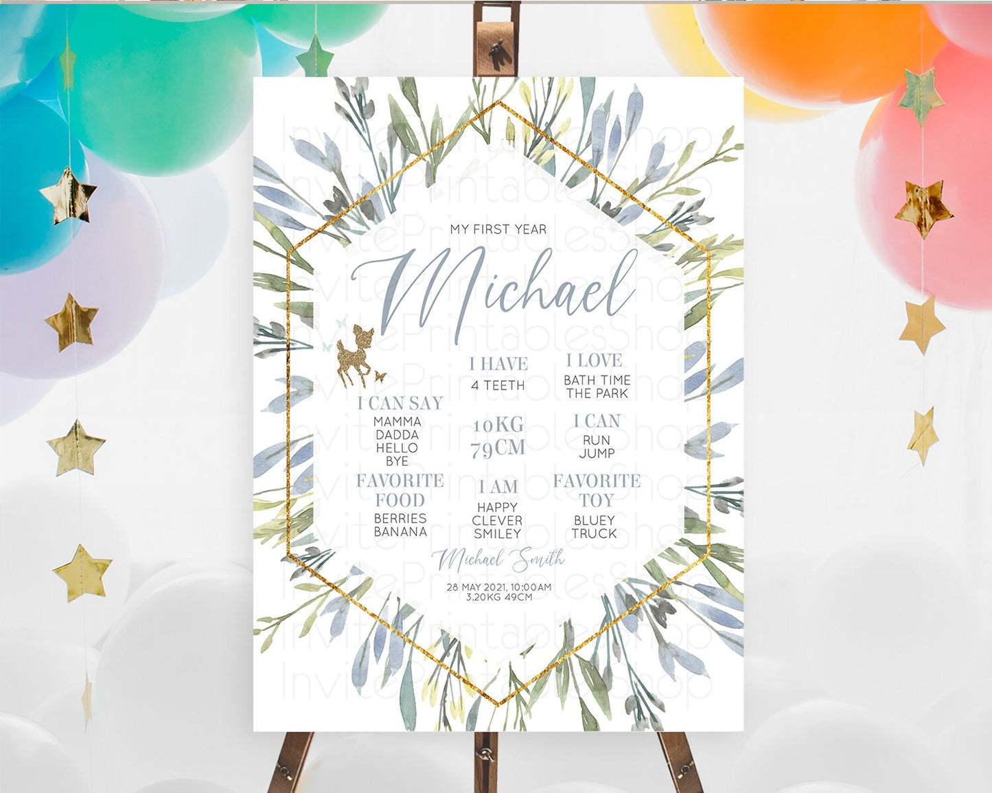 Fawn First Birthday Milestone Board Deer First Birthday Milestone Poster Enchanted Forest Butterfly Pastel Flowers 1st Birthday Sign D10534