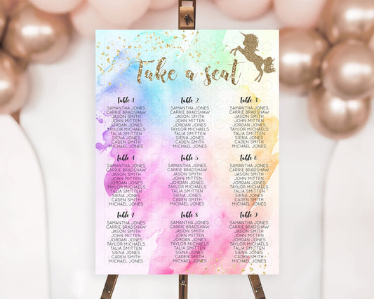 Editable Unicorn Rainbow Seating Chart Pastel Unicorn Decor Magical Unicron