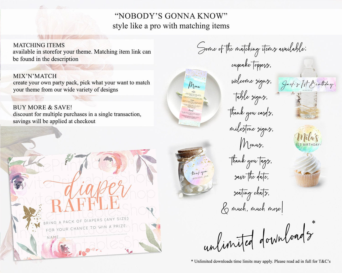 Fairy Diaper Raffle Card Fairy Diaper Insert Enchanted Garden Fairy Diaper Ticket Pastel Floral Butterfly Secret Garden Raffle Game D10197
