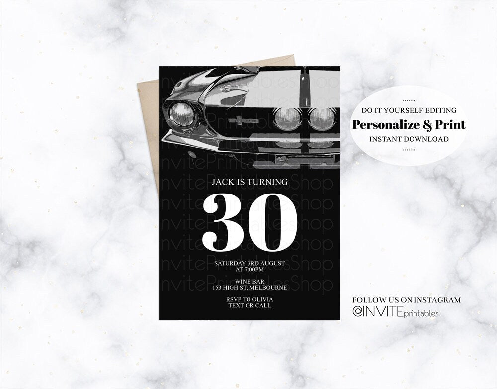 Car Mustang Birthday Invitation, Ford Mustang Invitation, Mustang Invite, Ford Birthday Invitation, Black, Mustang, Ford Black Grey