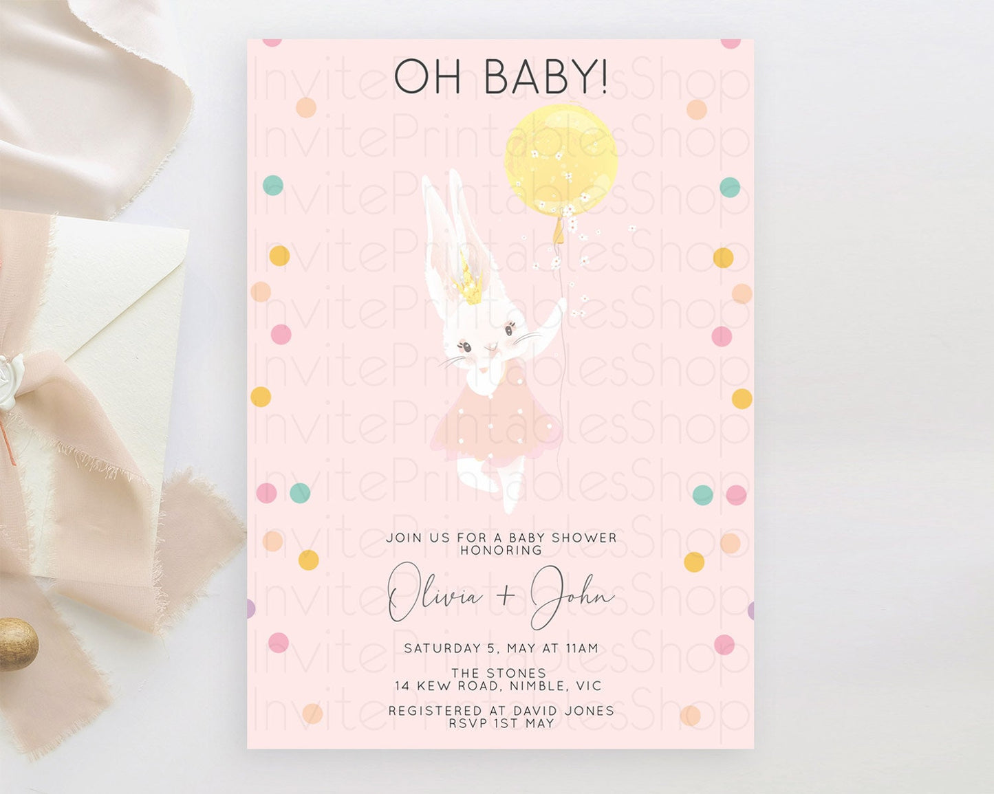 Bunny Baby Shower Invitation, Oh Baby, Cute Bunny Holding Yellow Balloon - Light Pink, Pastel Colorful Confetti - Sweet Pastel Theme D10219
