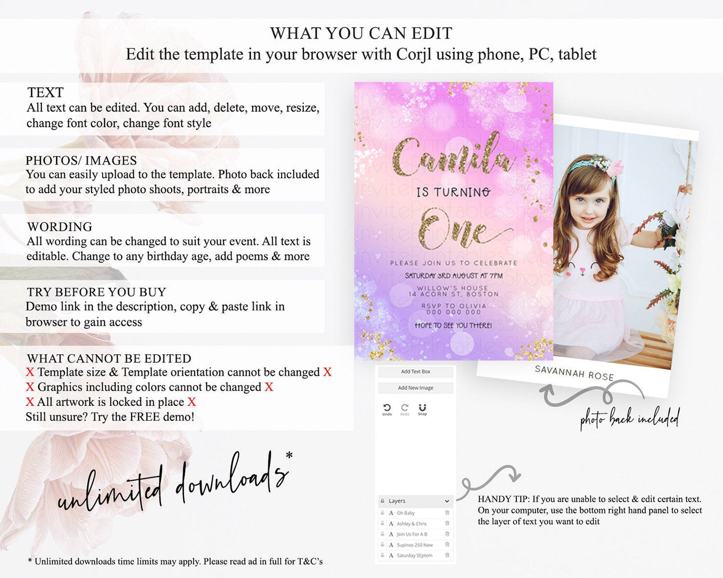 Rainbow Birthday Invitation Colorful Pastel Watercolor Invitation Gold Glitter Sprinkles Ombre Pastel 1st 2nd 3rd Birthday D23128