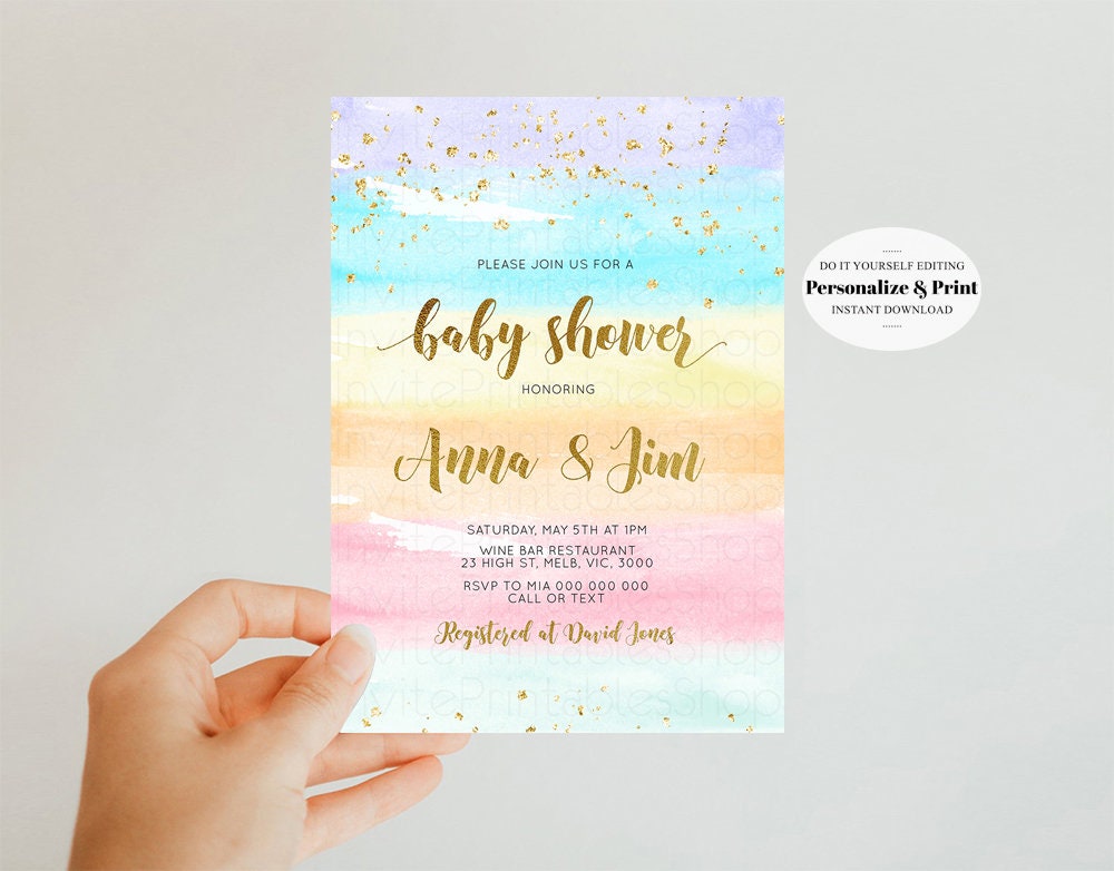 Rainbow Baby Shower Invitation Pastel Watercolor Invitation Colorful Splash Invite Gold Sprinkle Invite Gold Glitter Invite Confetti 525