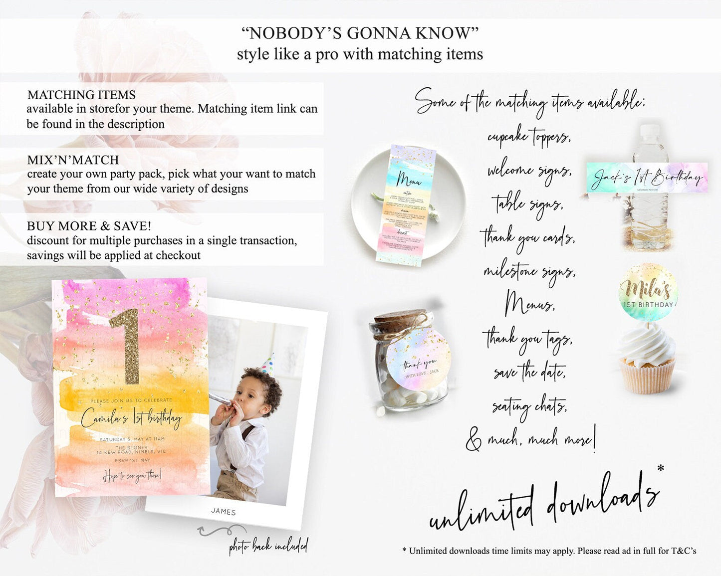 Rainbow Birthday Invitation Colorful Pastel Watercolor Invitation Gold Glitter Sprinkles Ombre Pastel 1st 2nd 3rd Birthday D10520