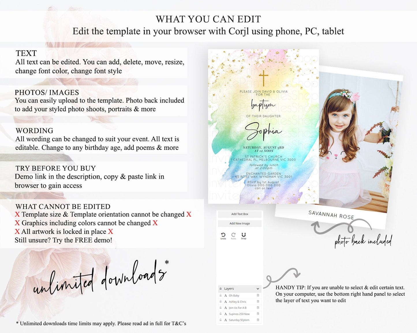 Pastel Baptism Invitation Pastel Colors Watercolor Baptism 1st Birthday Party Gold Ombre Pastel Rainbow Christening Holy Communion D10279