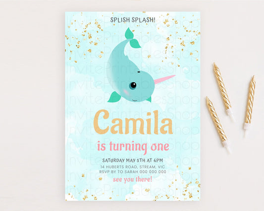 Editable Narwhal Birthday Invitation Narwhal Unicorn Invitation Rainbow Sea