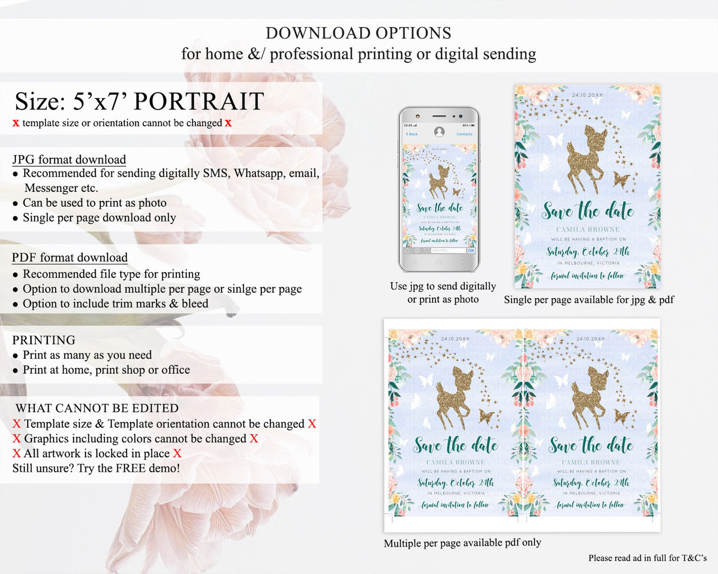 Fawn Deer Save The Date Template Pastel Floral Deer Enchanted Forest Butterfly Party 1st Birthday Baptism Baby Shower Bridal Shower D10875