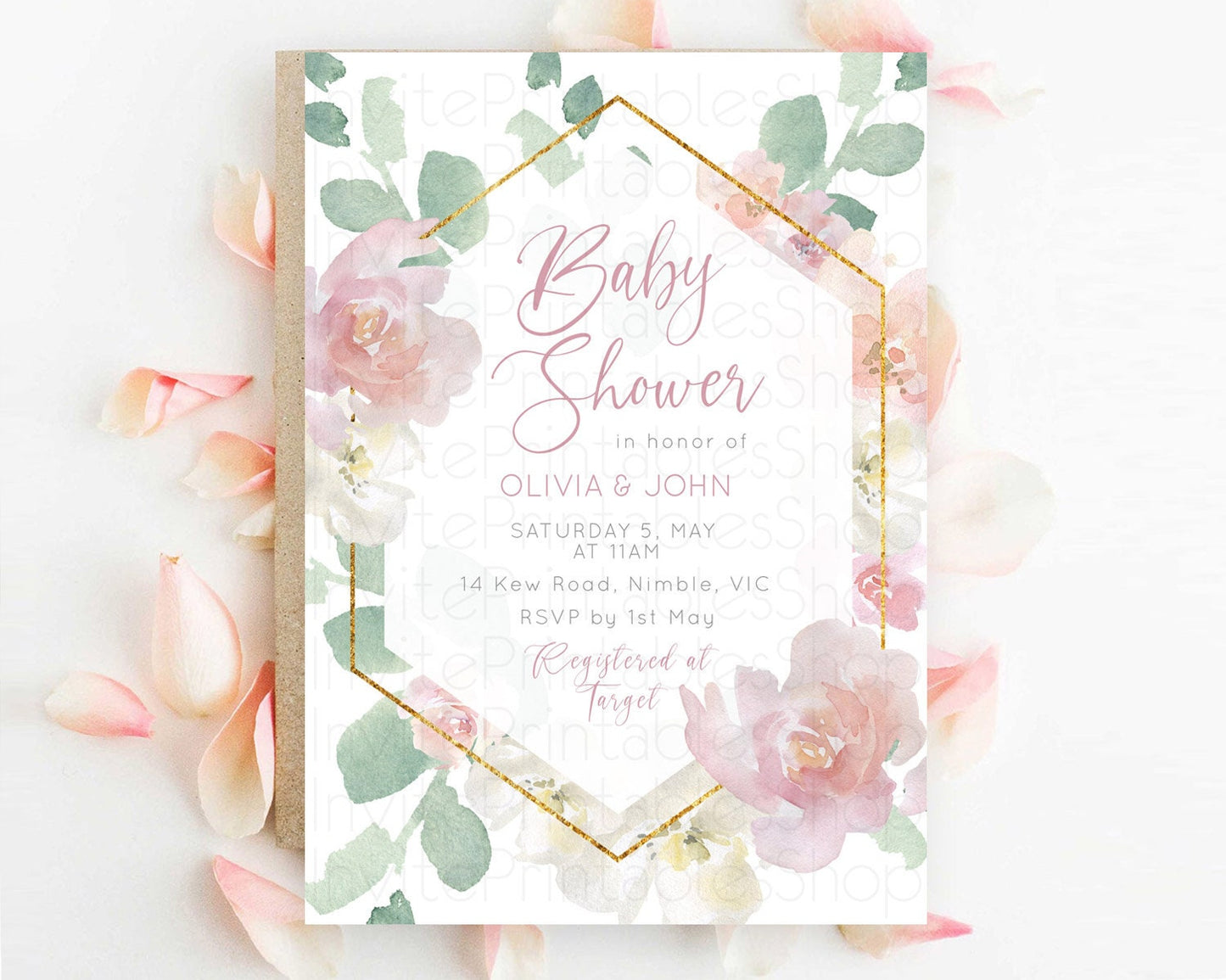 Enchanted Garden Baby Shower Invitation, Wildflower, Blooms with Pastel Pink Flowers, Elegant Gold Accents - Floral Botanical Theme D11032