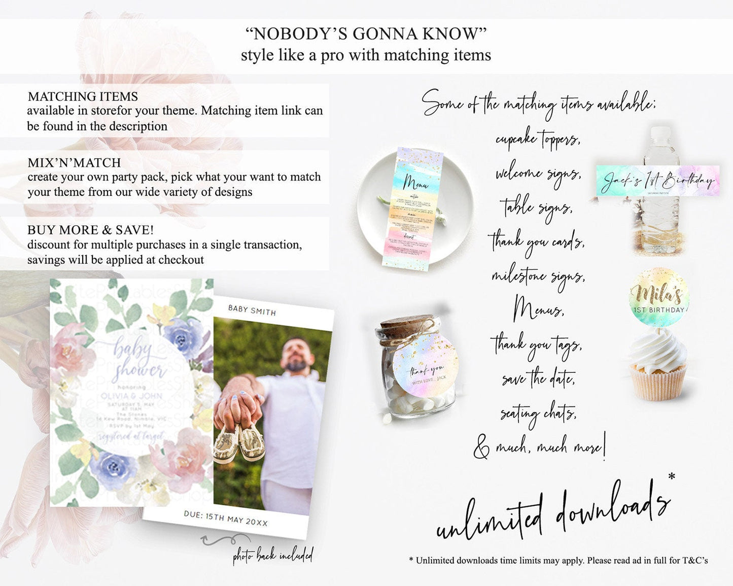 Enchanted Garden Baby Shower Invitation, Wildflower, Blooms, Secret Garden Pastel Pink Blue Flowers, Elegant Floral Botanical Theme D10860