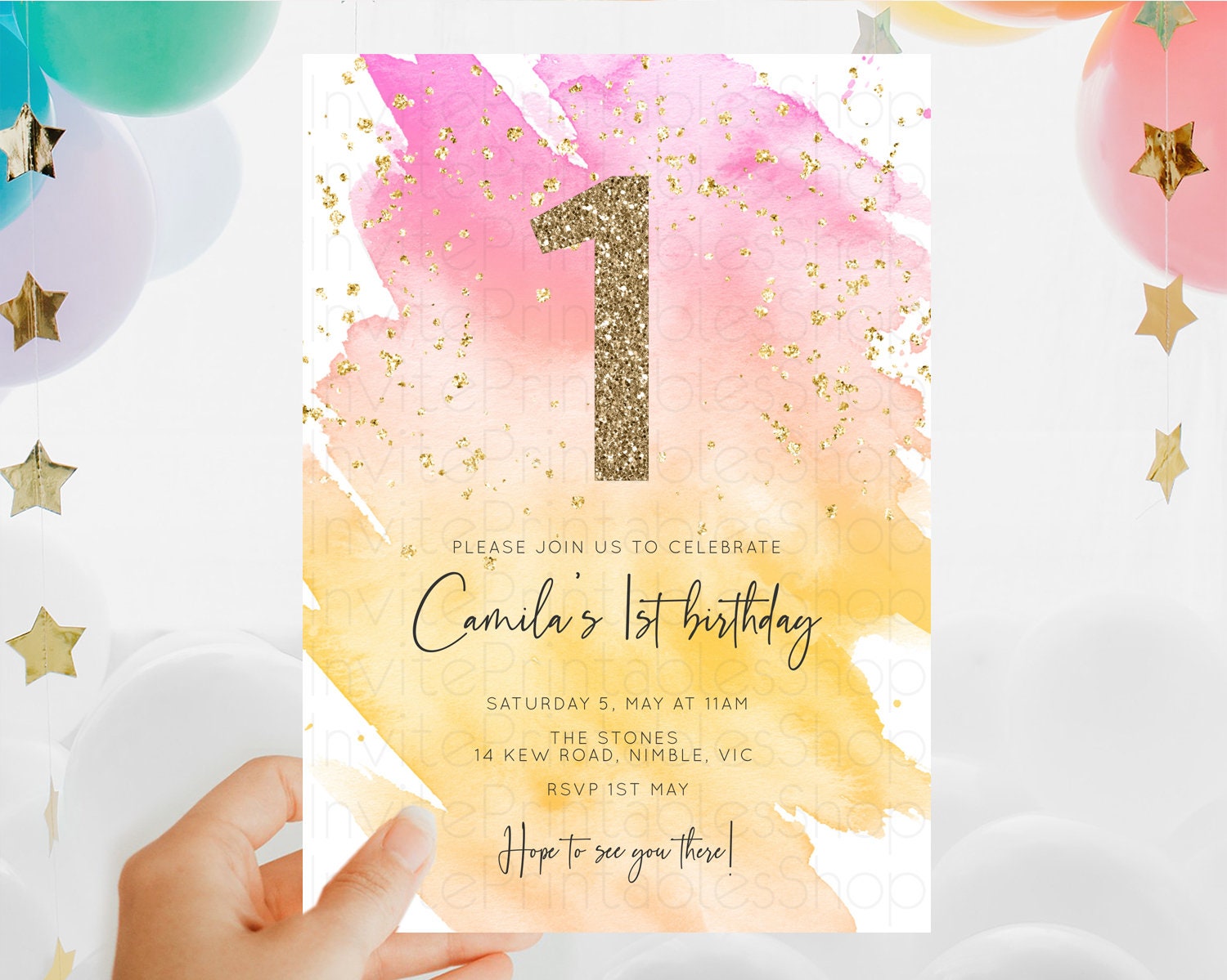 Editable Rainbow Birthday Invitation Colorful Pastel Watercolor Invitation G