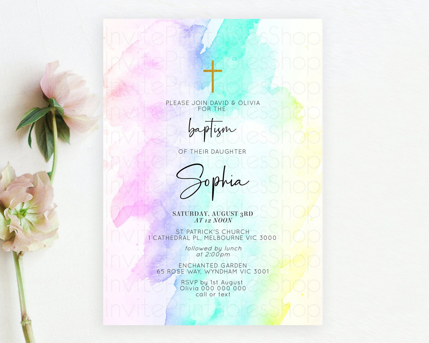 Pastel Baptism Invitation Pastel Colors Watercolor Baptism 1st Birthday Party Gold Ombre Pastel Rainbow Christening Holy Communion D10231