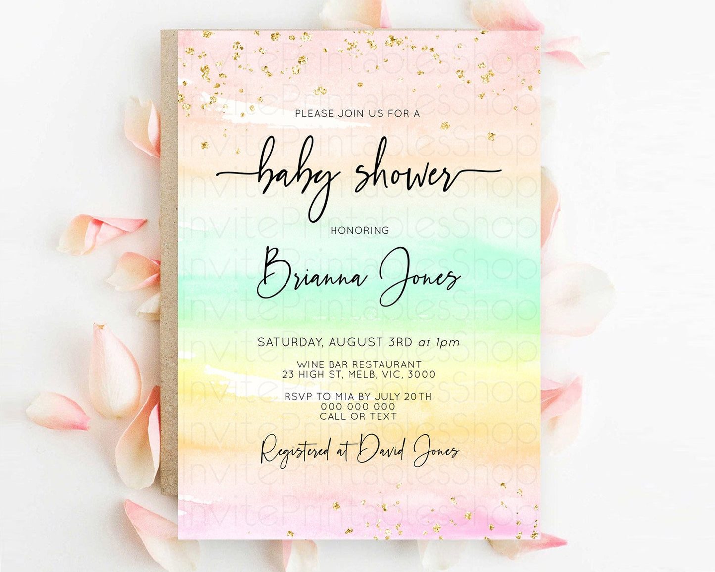Pastel Baby Shower Invitation Rainbow Baby Shower Invitation Colorful Pastel Watercolor Invitation Gold Glitter Sprinkles Ombre D10591