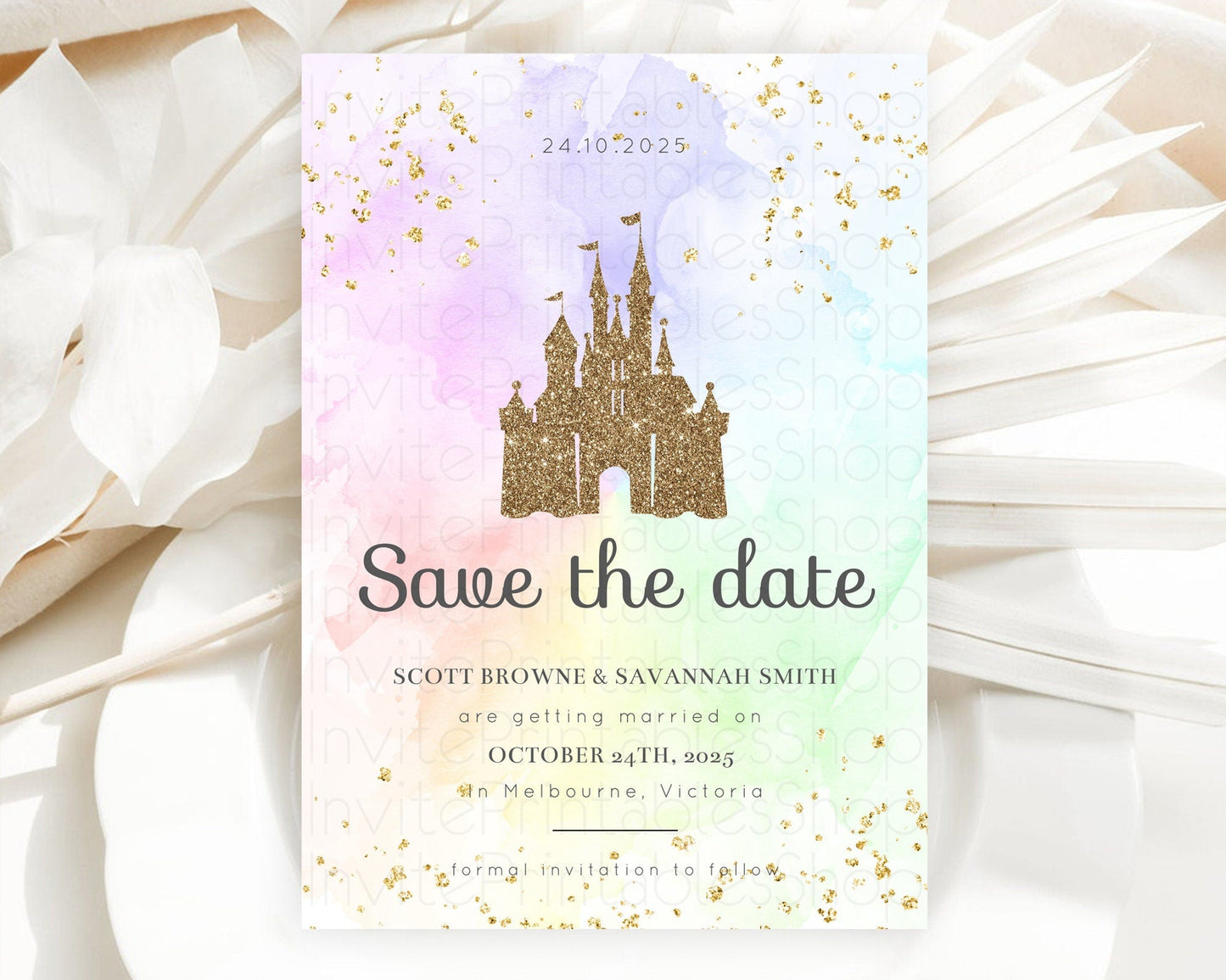 Princess Save The Date Pastel Watercolor Ombre Princess Party Rainbow Colorful Enchanted Castle 1st Birthday Baptism Baby Shower D10658