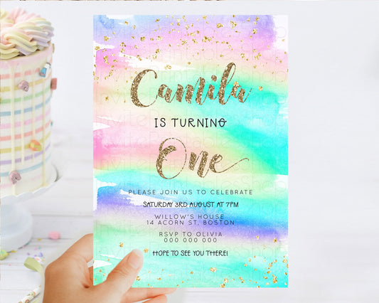 Rainbow Birthday Invitation Colorful Pastel Watercolor Invitation Gold Glitter Sprinkles Ombre Pastel 1st 2nd 3rd Birthday D23261