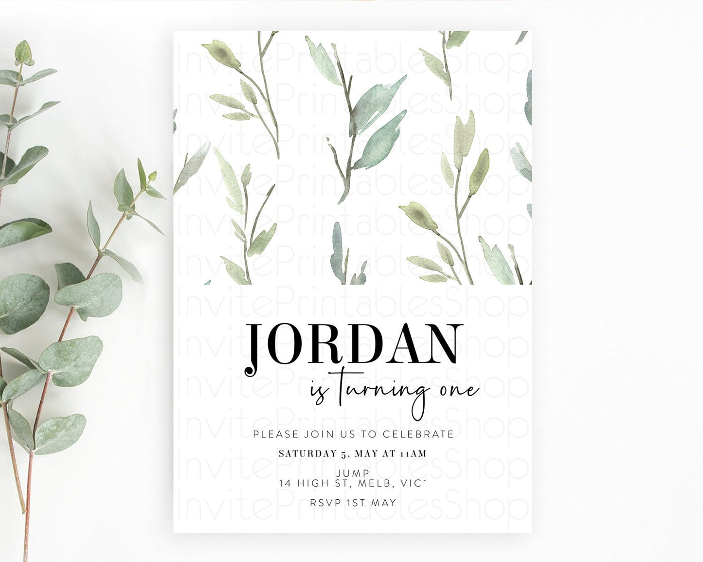 Leafy Birthday Invitation Leafy Invitation Simple Greenery Invitation Eucalyptus Fern Spray Leaves Minimal Green Leaf Watercolour D11058