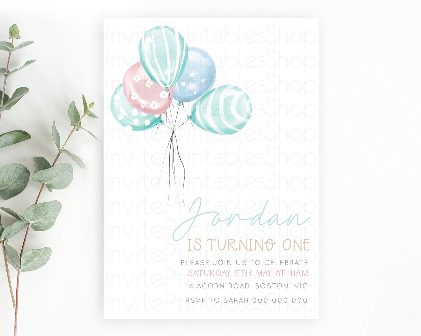 Balloon Birthday Invitation Pastel Birthday Invitation Pastel Balloon Invites Colorful Pastel Rainbow Balloon 3rd 2nd First Birthday D22997