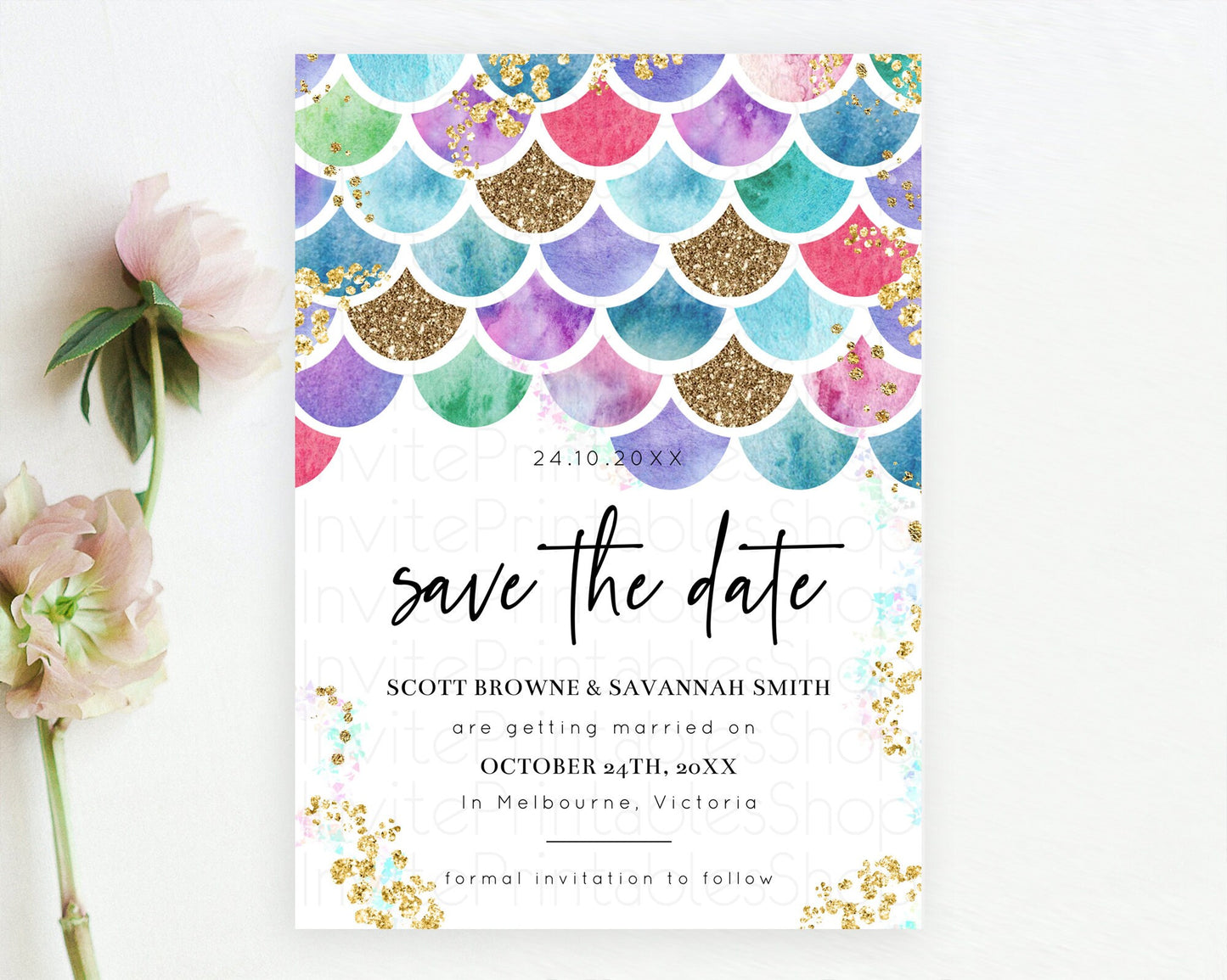 Rainbow Fish Save The Date Template Watercolor Mermaid Rainbow Fish Under Sea Pastel Pool Party For 1st Birthday Baptism Baby Shower D10581