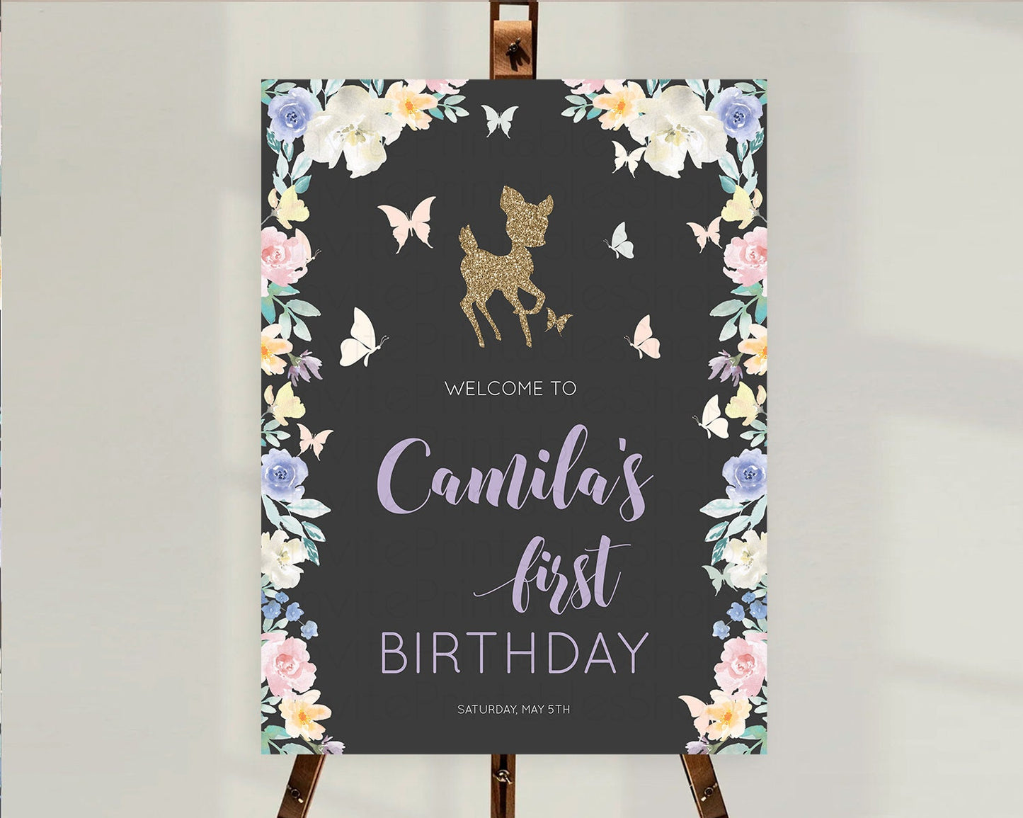 Fawn Welcome Sign Deer Welcome Board Floral Deer Welcome Poster Enchanted Forest Butterfly Pastel Floral First Birthday Welcome Sign D10880