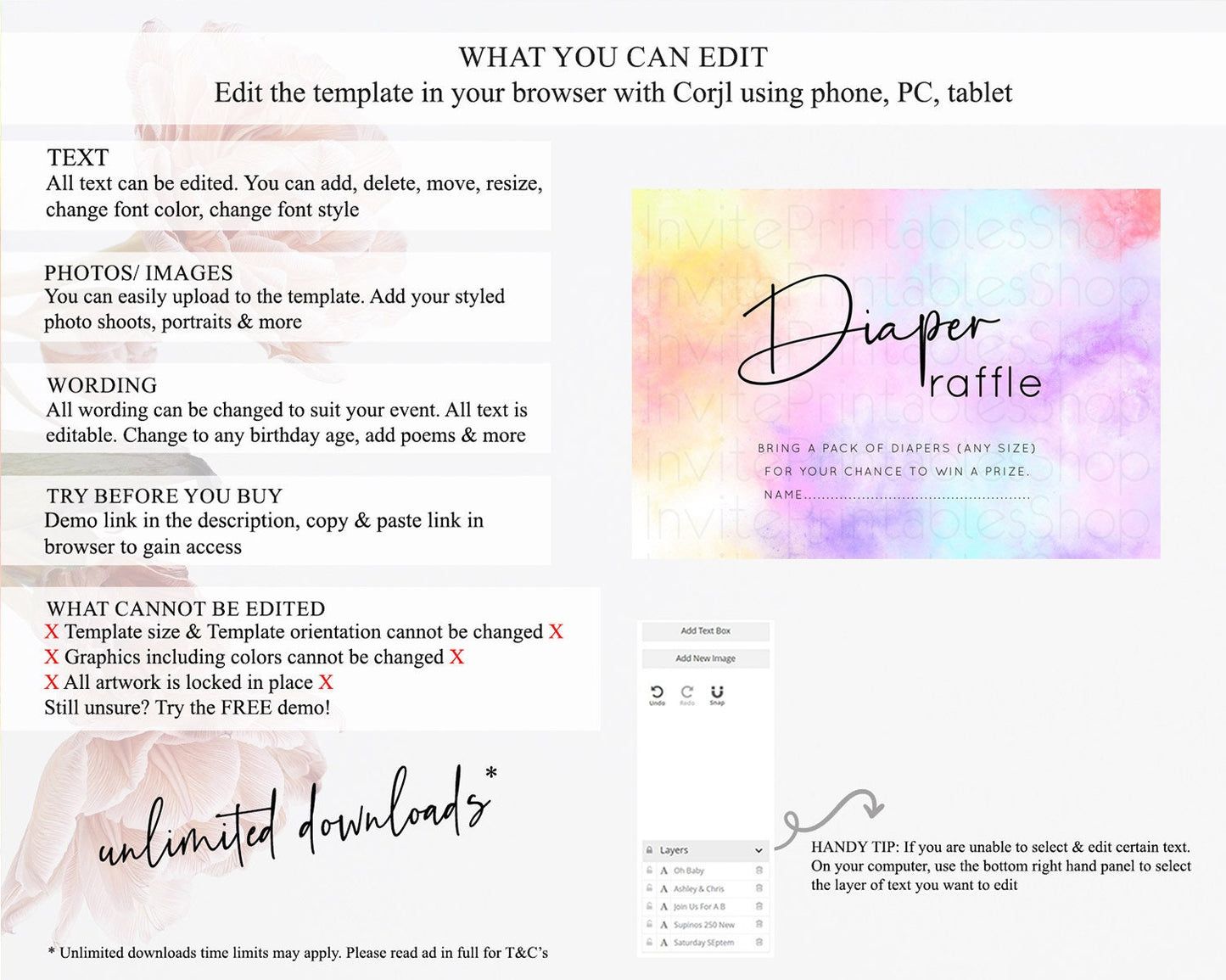 Pastel Diaper Raffle Card Pastel Rainbow Diaper Raffle Insert Colorful Ombre Watercolor Diaper Ticket Confetti Glitter Raffle Game D10438