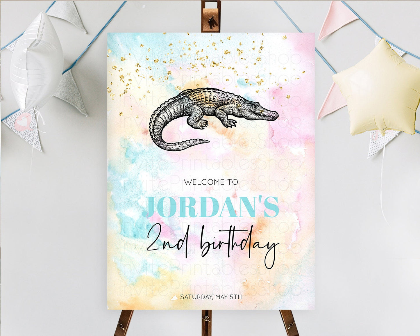 Pastel Crocodile Welcome Sign Pastel Alligator Welcome Board Safari Colorful Watercolor Rainbow First Birthday Welcome Sign D10285