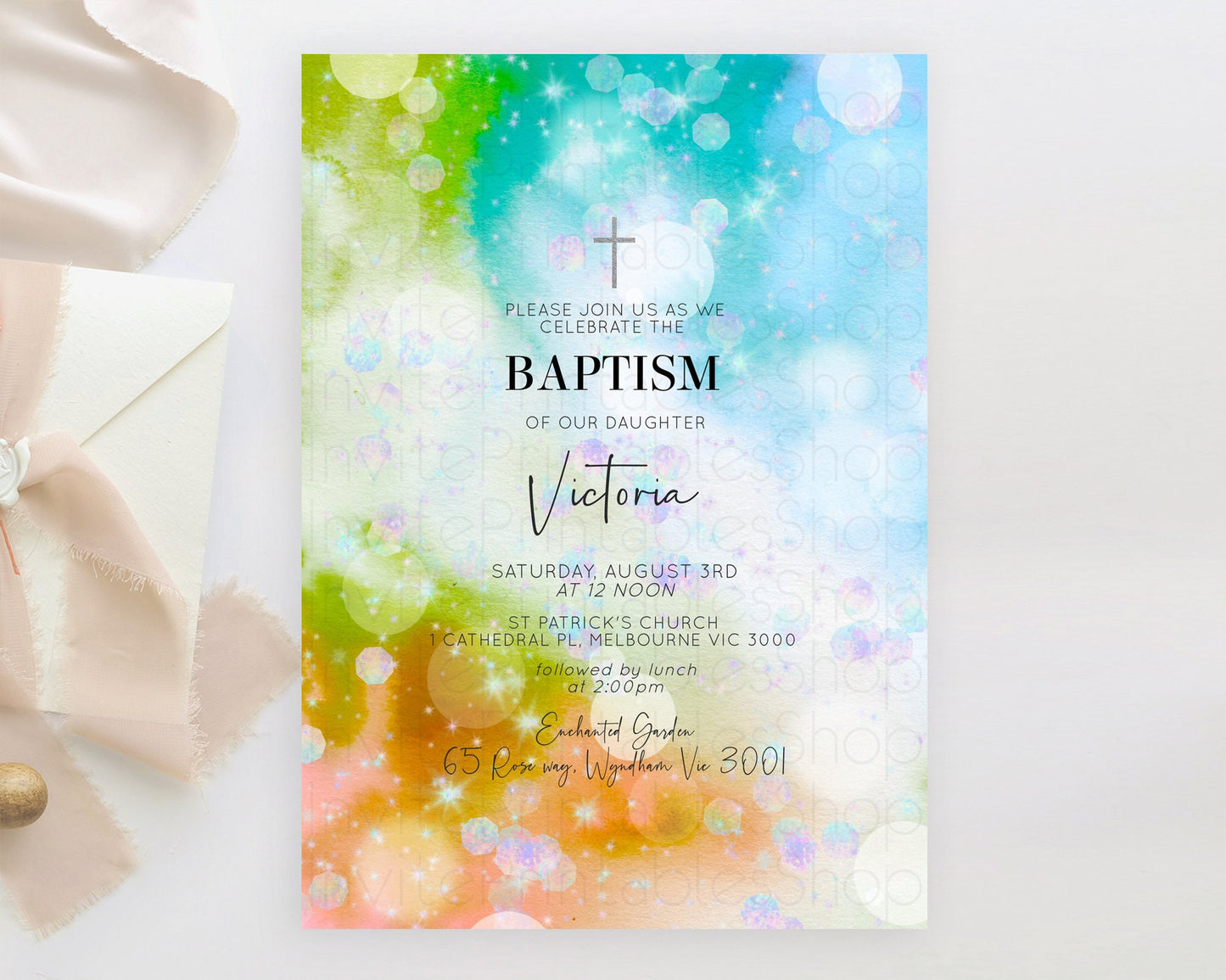 Rainbow Baptism Invitation Colorful Pastel Watercolor Baptism 1st Birthday Invitation Iridescent Glitter Sprinkles Ombre Christening D10692