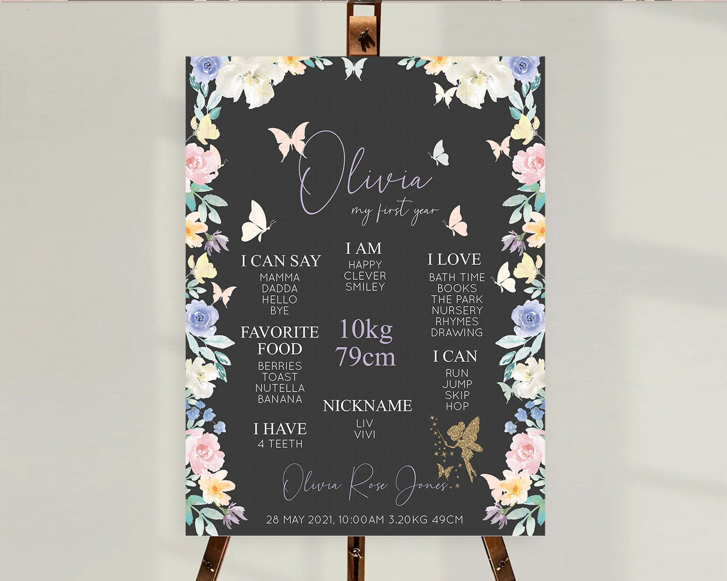 Fairy First Birthday Milestone Poster Fairy Secret Garden Milestone Board Enchanted Garden Pastel Floral Butterfly 1st Birthday Sign D10881