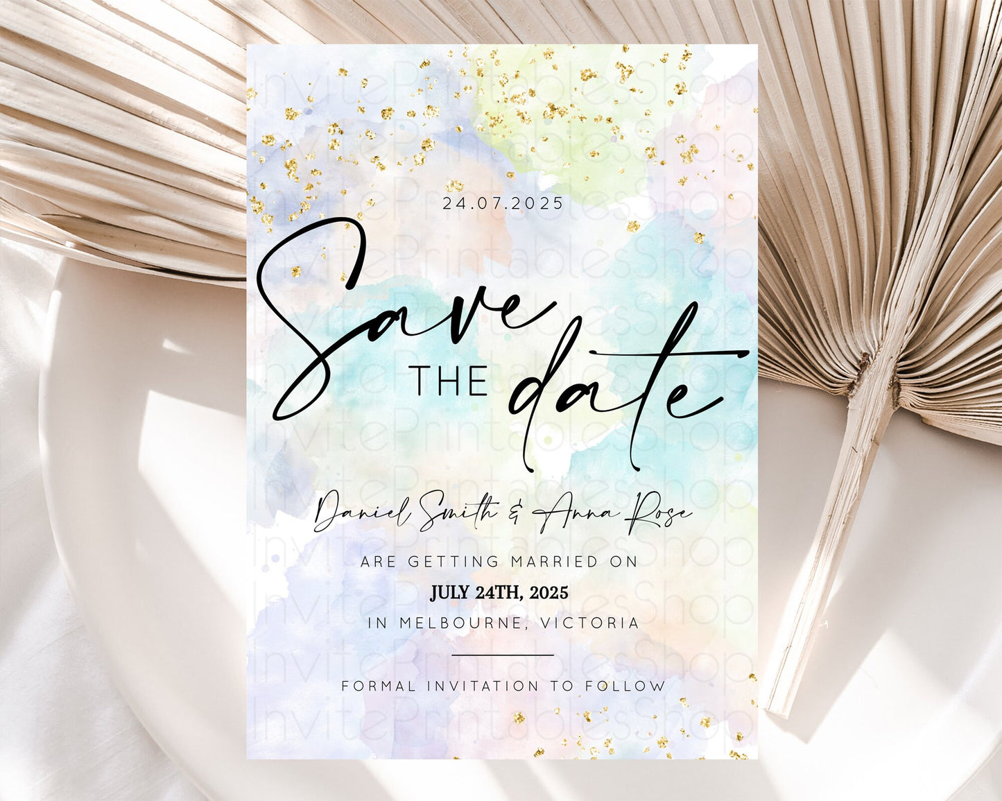 Pastel Save The Date Template Pastel Ombre Rainbow Watercolor Colorful Party For Birthday Baptism Baby Shower Wedding Bridal Shower D10613