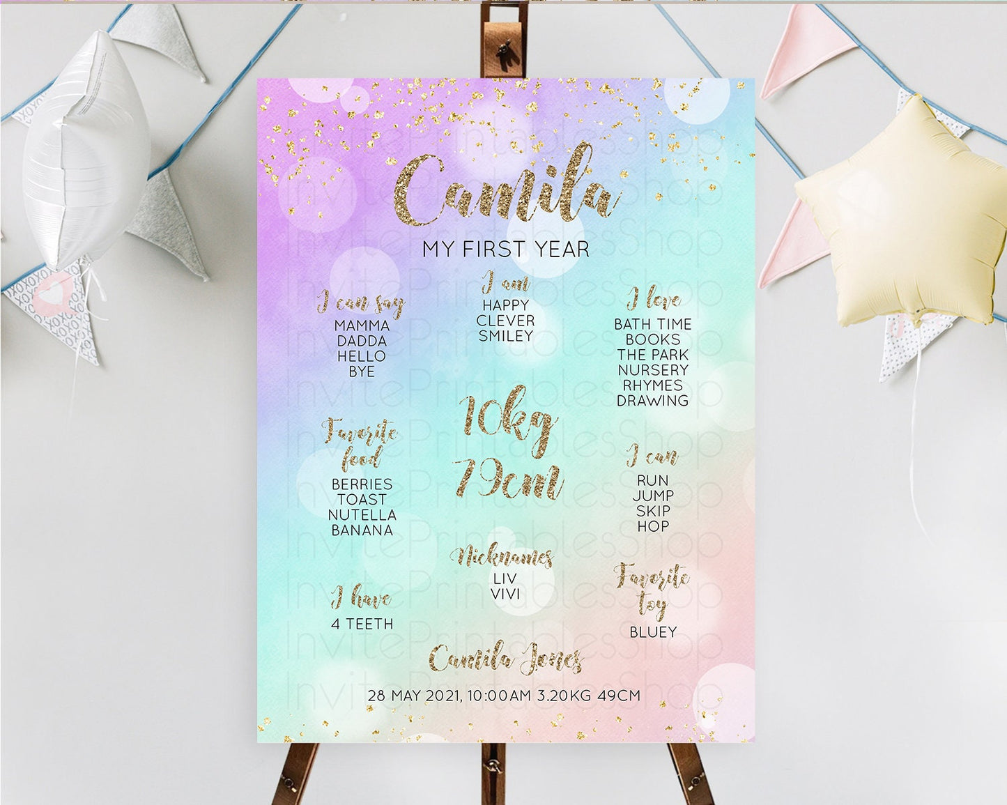 Pastel First Birthday Milestone Board Pastel Rainbow Milestone Poster Colorful Confetti Watercolor Glitter 1st Birthday Welcome Sign D10621