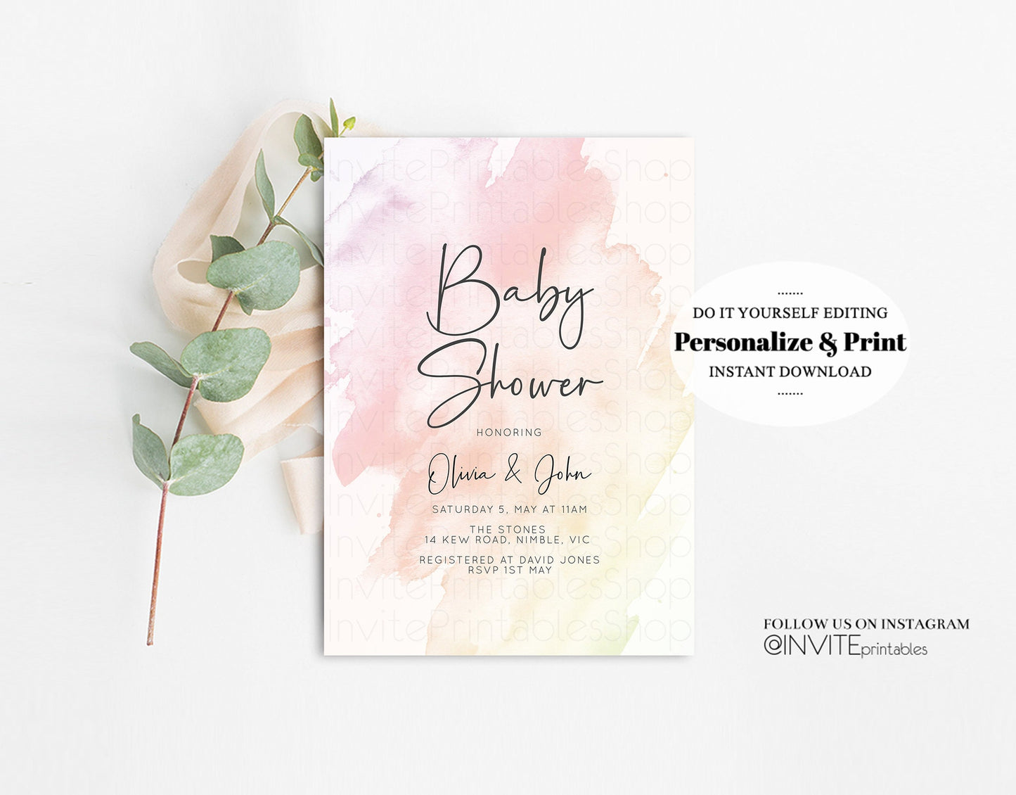 Pastel Pink Baby Shower Invitation Watercolor Ink Gold Glitter Foil Sprinkles Confetti Splash It's a Girl Invite Editable Instant 145