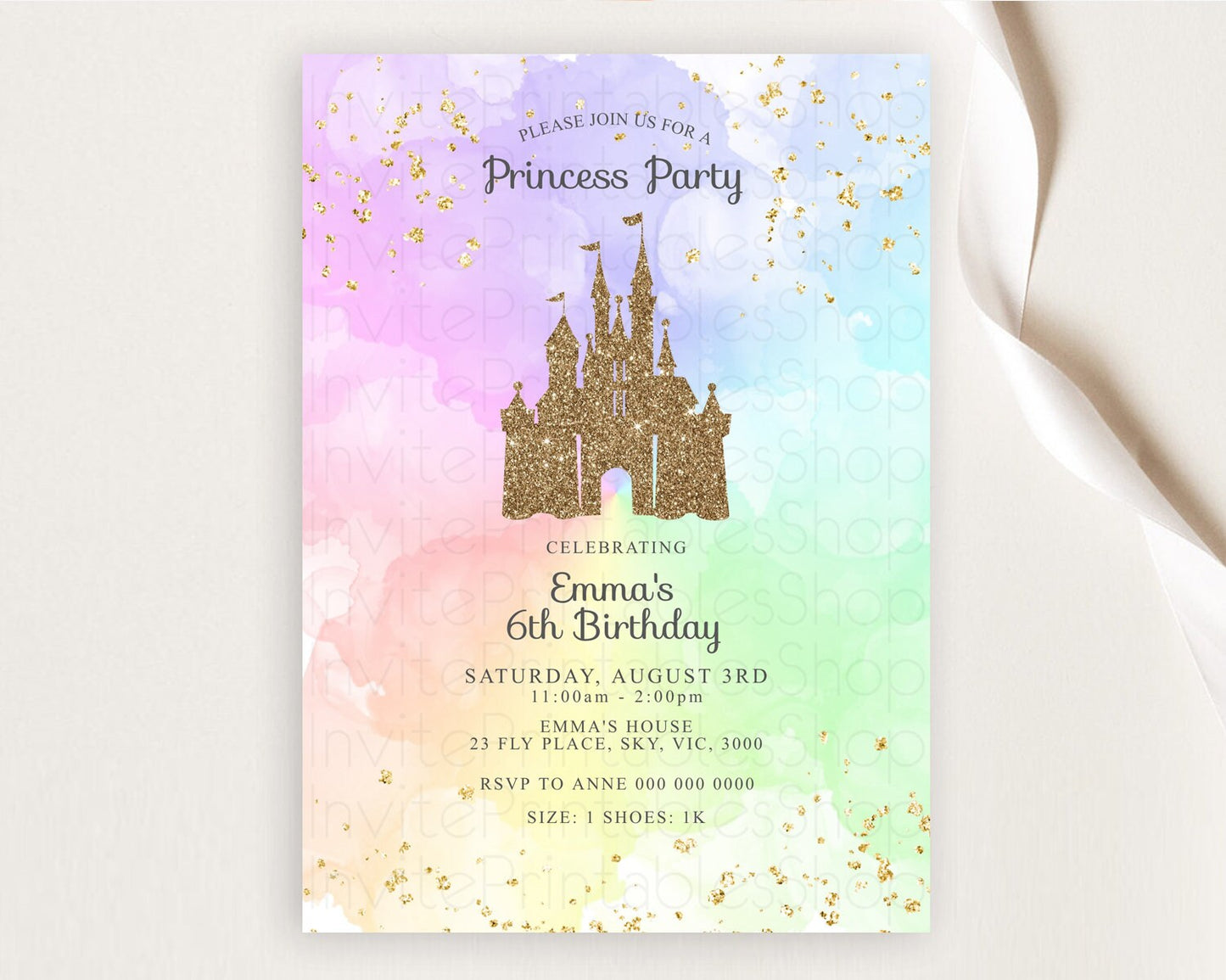 Princess Birthday Invitation Princess Invitation Pastel Invitation Royal Birthday Rainbow Color Enchanted Castle 1st First Birthday D10703