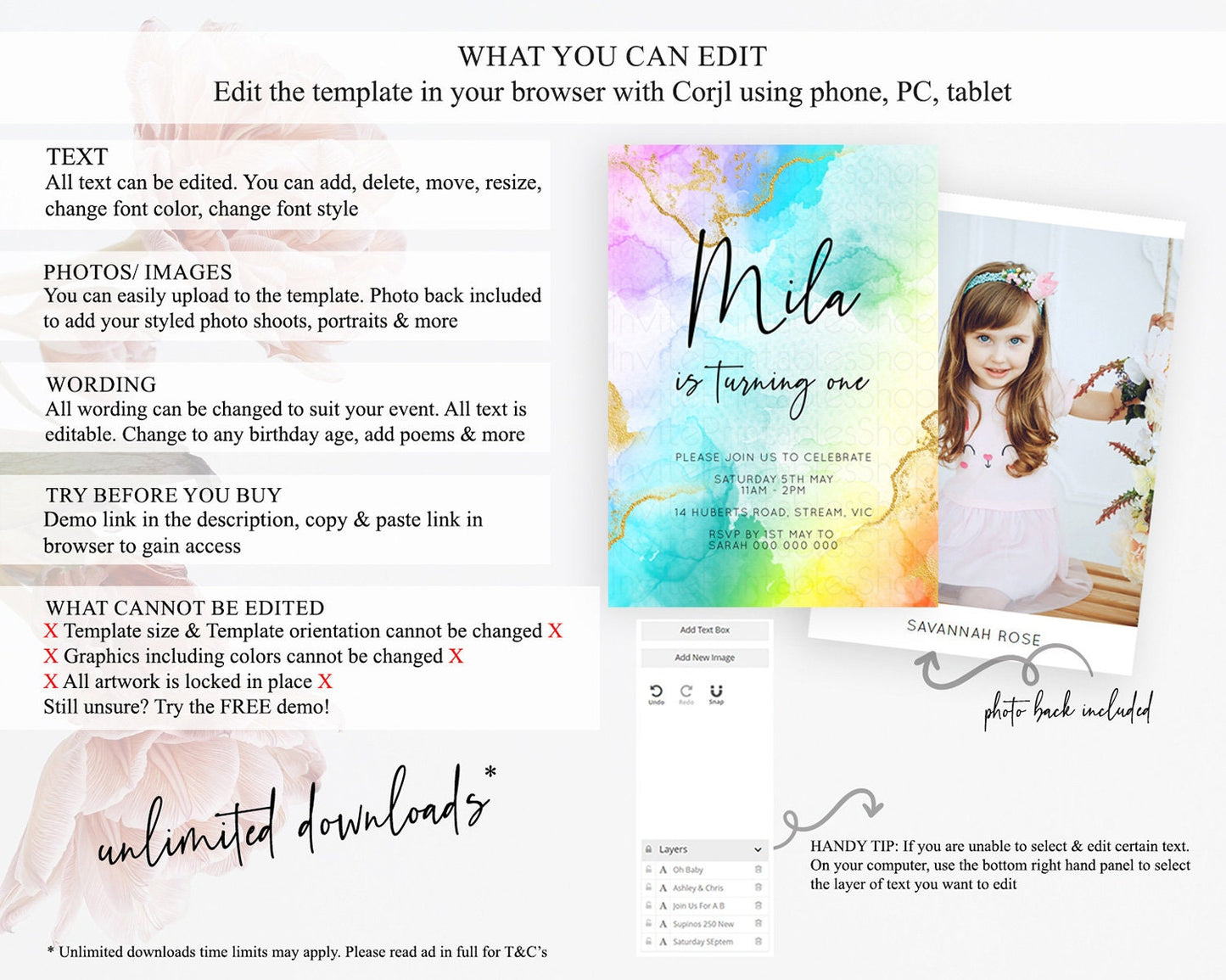 Rainbow Birthday Invitation Colorful Pastel Watercolor Invitation Gold Glitter Sprinkles Ombre Pastel 1st 2nd 3rd Birthday D10390
