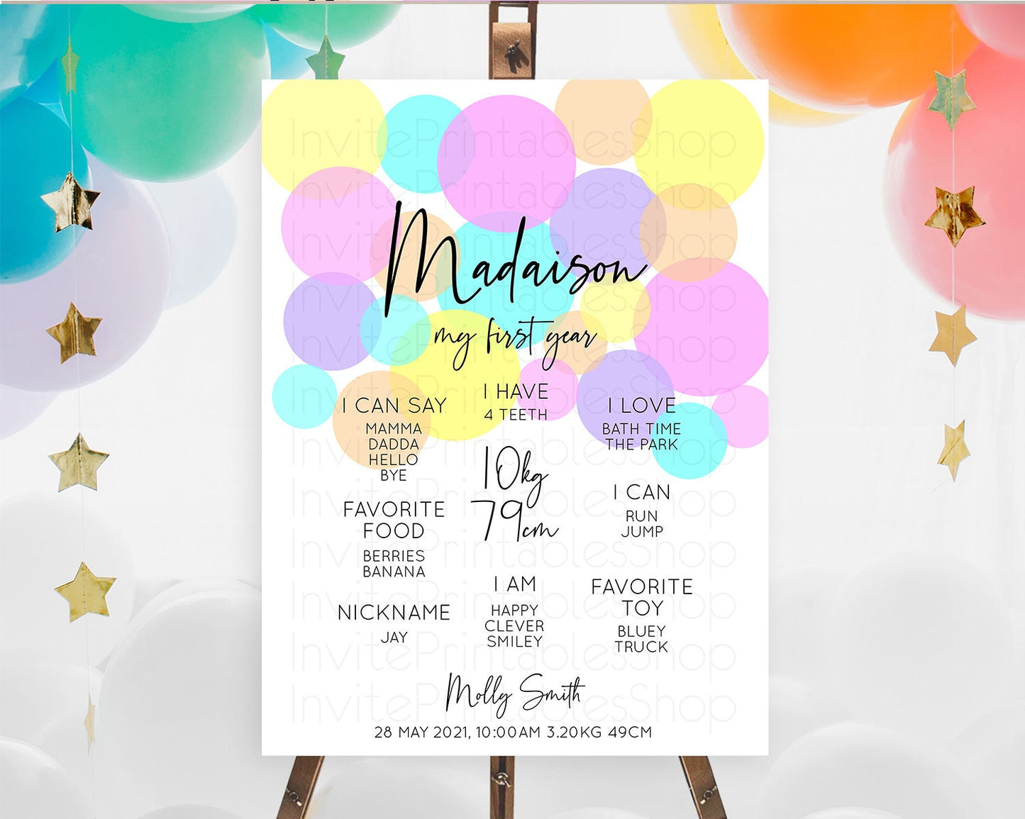Pastel First Birthday Milestone Poster Pastel Rainbow Confetti First Birthday Milestone Board Colorful Bubbles Birthday Welcome Sign D10407