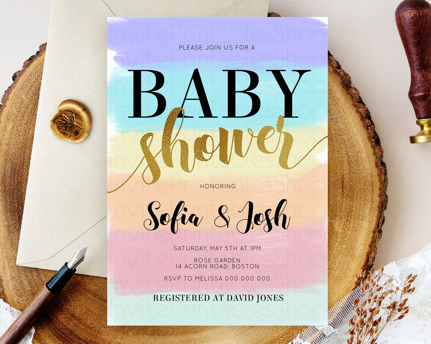 Pastel Baby Shower Invitation Rainbow Baby Shower Invitation Colorful Pastel Watercolor Invitation Gold Glitter Sprinkles Ombre D10510