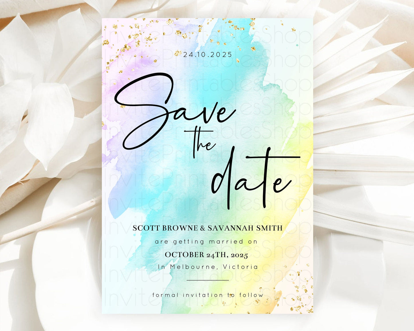 Pastel Save The Date Template Pastel Ombre Rainbow Watercolor Colorful Party For Birthday Baptism Baby Shower Wedding Bridal Shower D10171