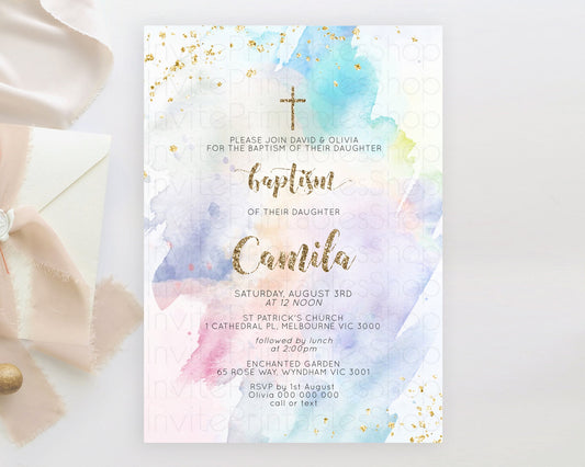 Pastel Baptism Invitation Pastel Colors Watercolor Baptism 1st Birthday Party Gold Ombre Pastel Rainbow Christening Holy Communion D10421