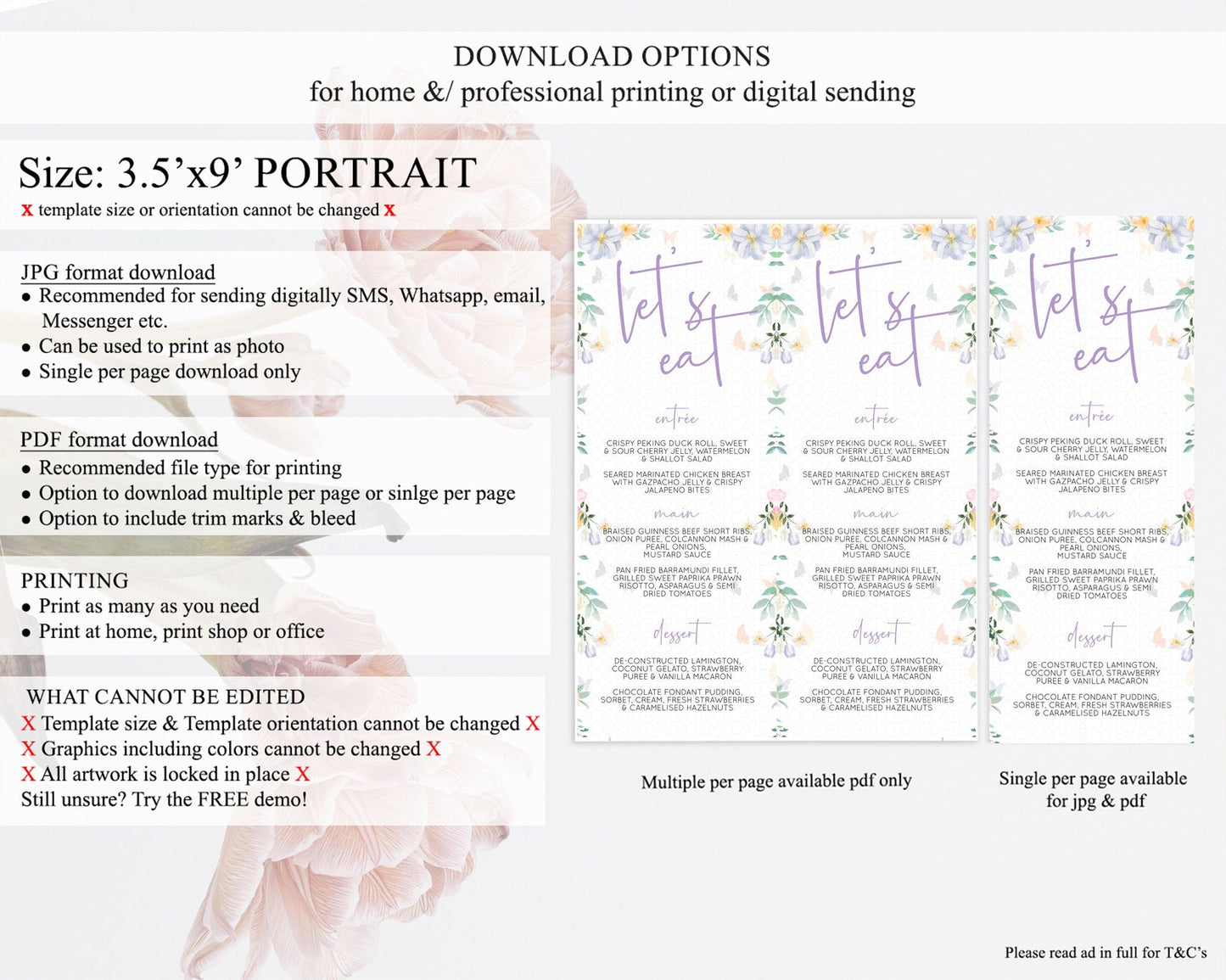 Secret Garden Menu Wildflower Menu Template Pastel Flower Garden Table Decor Boho Floral Dinner Dessert Floral Party Food Menu D10472
