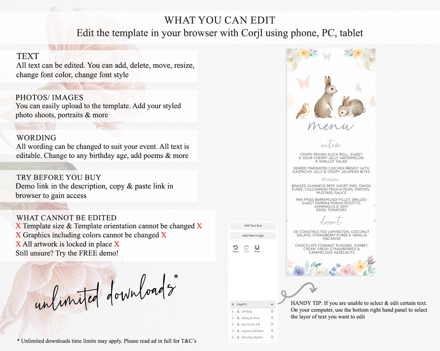 Bunny Menu Floral Bunny Menu Template Pastel Flowers Bunny Table Decor Secret Garden Bunny Dinner Dessert Menu Party Food Menu D10928